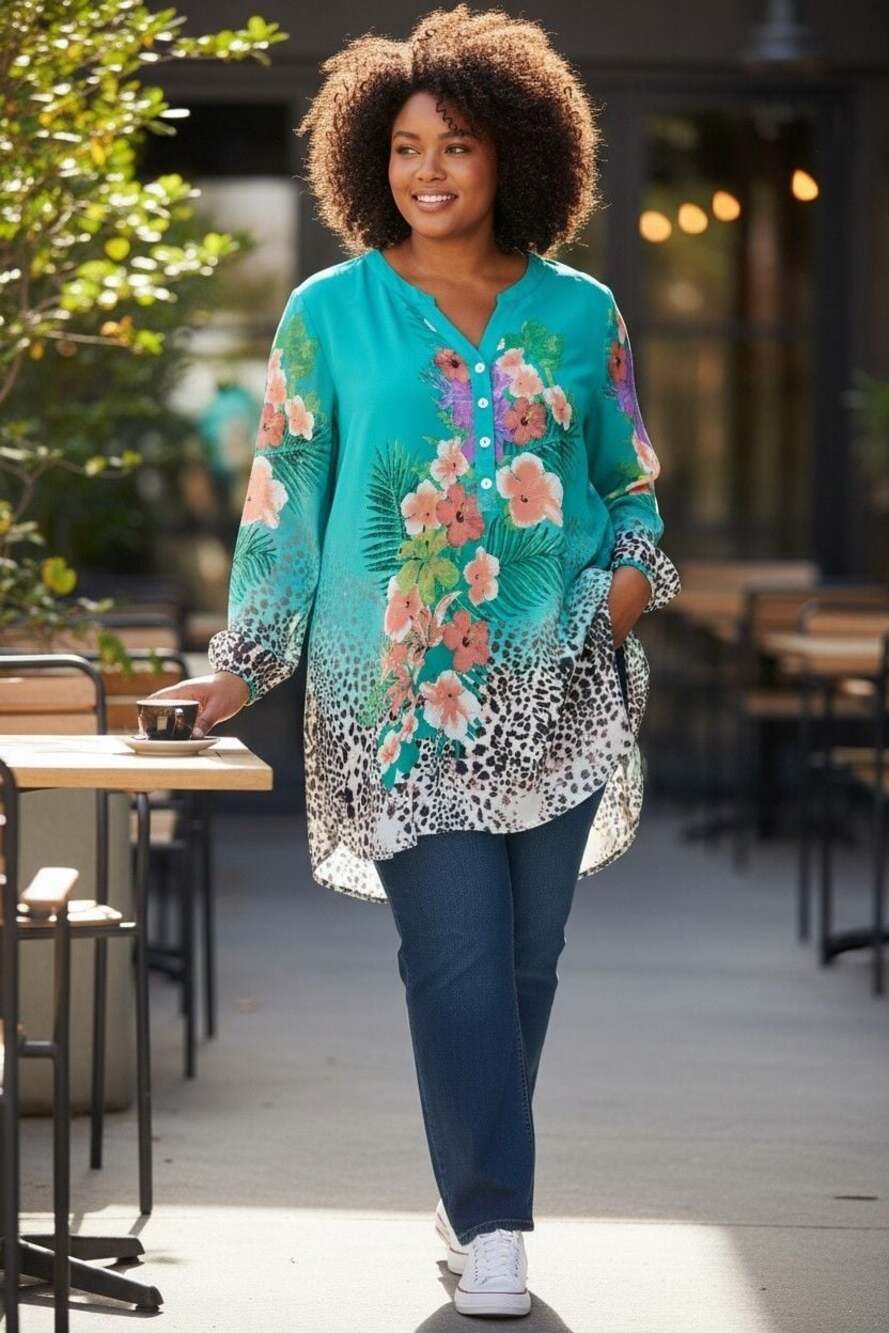 Soft Surroundings Tropical Hibiscus and Leopard Print Sheer Popover Tunic Blouse